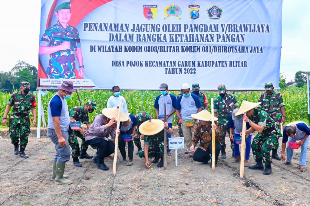 KETAHANAN PANGAN: Pangdam V/Brawijaya Mayjen TNI Nurchahyanto M.Sc saat penanaman bibit jagung dalam rangka ketahanan pangan di Desa Pojok Kecamatan Garum Kabupaten Blitar, Kamis (14/7/2022) - Pangdam V/Brawijaya Tanam Bibit Jagung Dalam Rangka Ketahanan Pangan