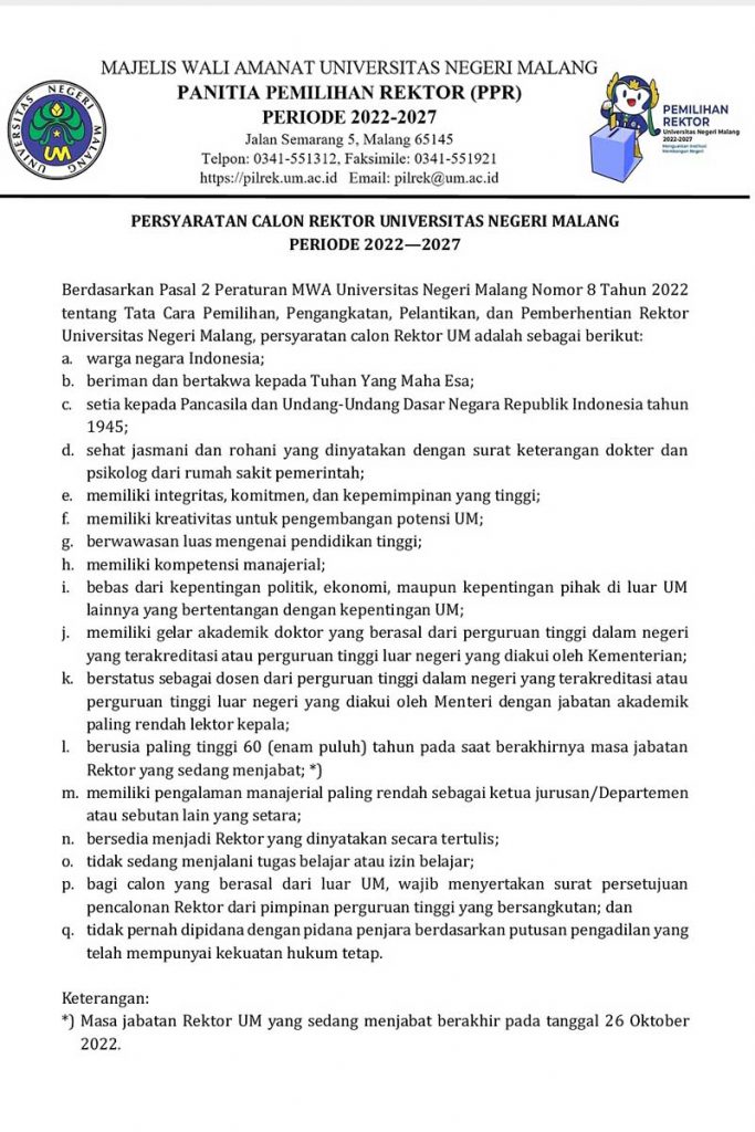 Persyaratan Calon Rektor Universitas Negeri Malang. (ist) - Universitas Negeri Malang Buka Pendaftaran Calon Rektor, Begini Persyaratannya