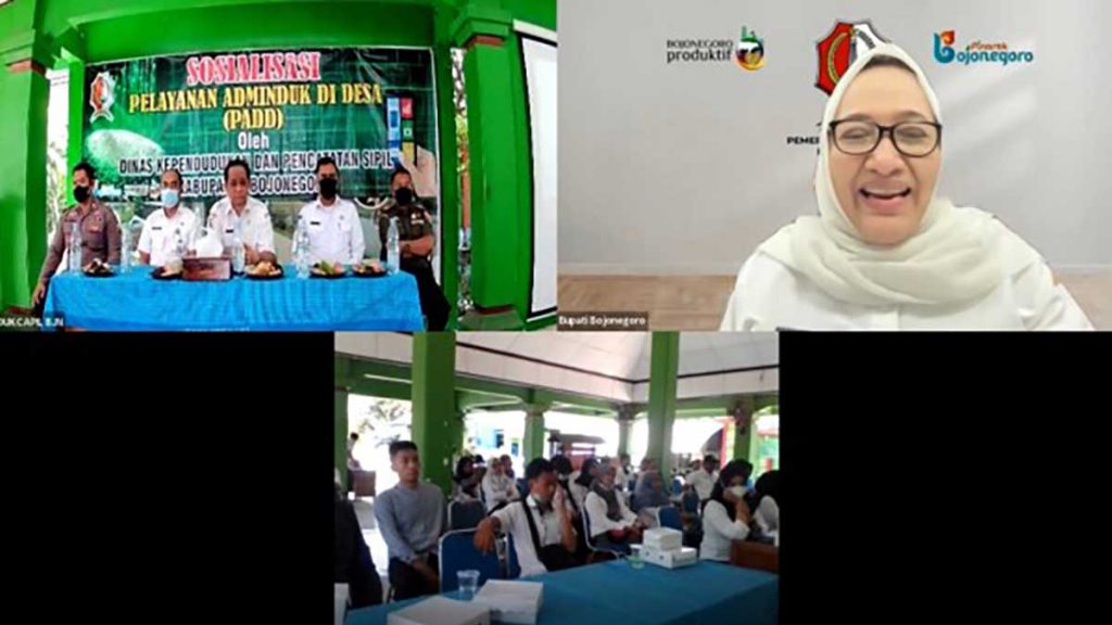 SOSIALISASI: Sosialisasi pelayanan Adminduk secara daring di desa (PADD) Tahun 2022 dipimpin Bupati Bojonegoro Anna Mu’awanah - Urus Adminduk Cukup di Desa, Dinas Dukcapil Bojonegoro Kenalkan Inovasi Panah Srikandi