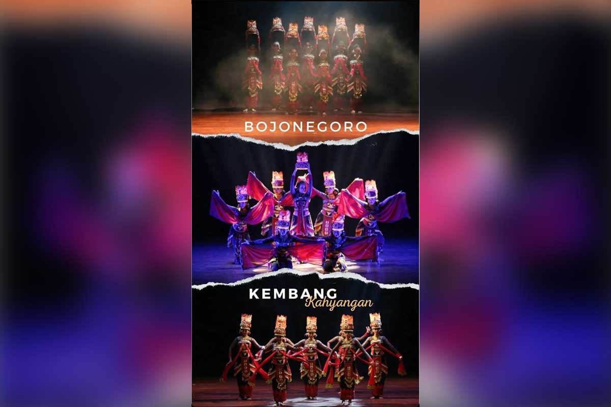 Seniman Bojonegoro tengah membawakan Tari Kembang Kahyangan - Tari Kembang Kahyangan Bojonegoro Raih Penghargaan di Festival Karya Tari Jawa Timur