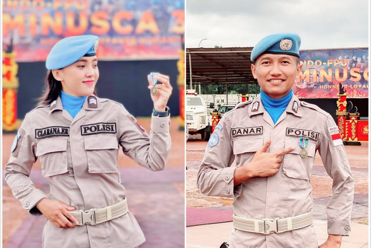 dua anggota polresta malang kota bripka danar bayu baskara dan briptu clarana erlita rusady yang mendapatkan penghargaan medali internasional. ist