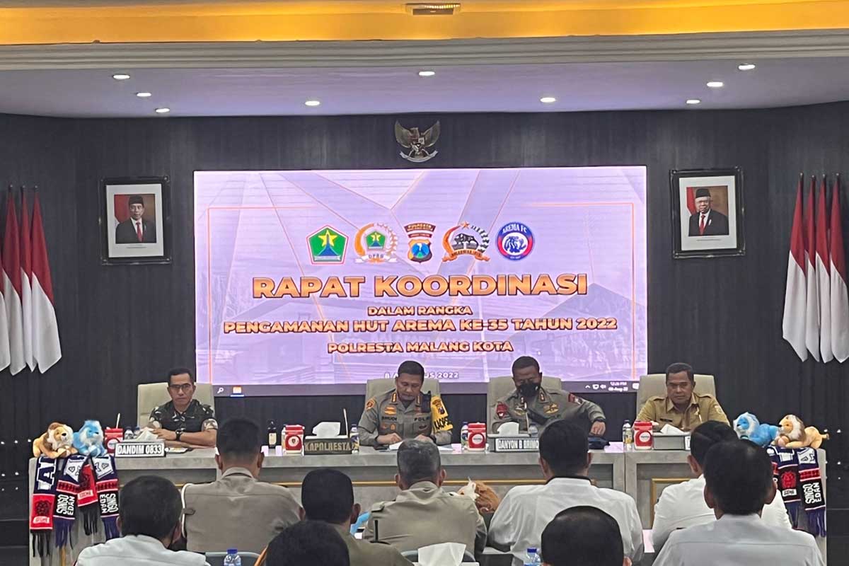 Koordinasi persiapan perayaan HUT ke-35 Arema oleh Polresta Malang Kota. (bim) - Hasil Rakor, HUT ke-35 Arema Dipusatkan Tiga Titik