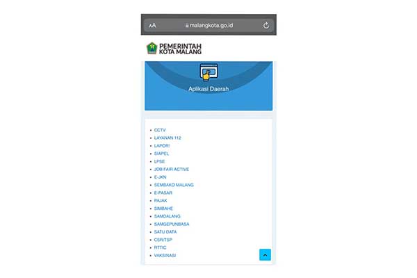 Menu Aplikasi Daerah, penampakan halaman web milik Pemkot Malang. (bim) - Aplikasi Daerah, Akses Masyarakat Kota Malang Satu Genggaman Banyak Aplikasi