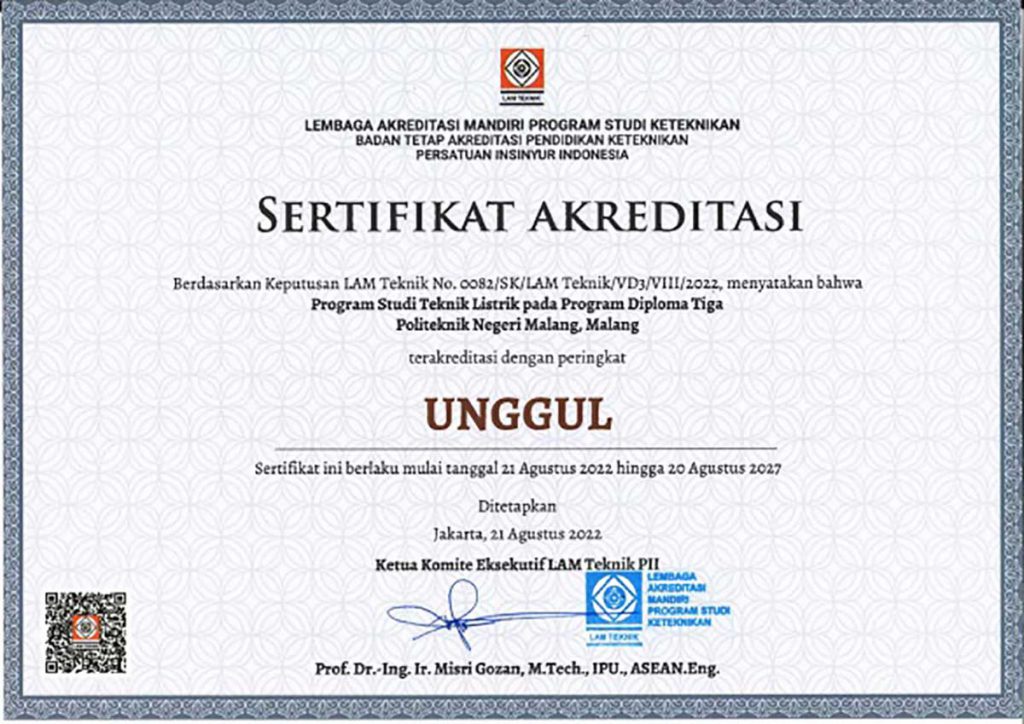 Sertifikat Akreditasi Unggul oleh Prodi D-III Teknik Listrik Polinema. (ist) - D-III Teknik Elektronika dan D-III Teknik Listrik Polinema Raih Akreditasi Unggul