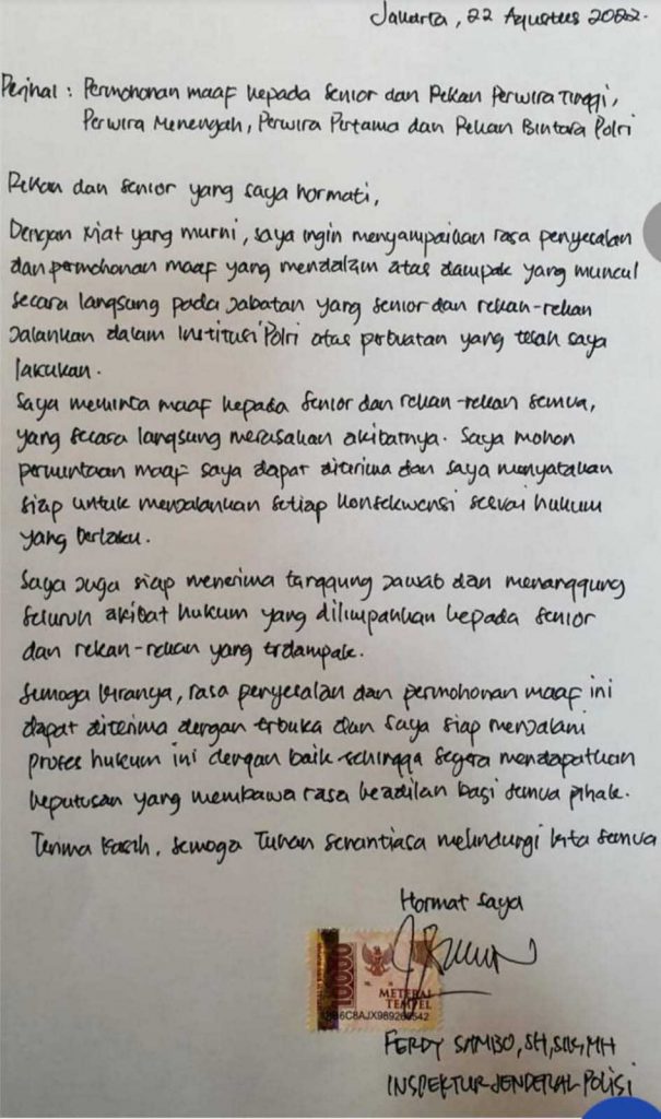 Surat yang ditulis Ferdy Sambo. (ist) - Irjen FS Tulis Surat Permintaan Maaf dan Menyesal Bunuh Brigadir J