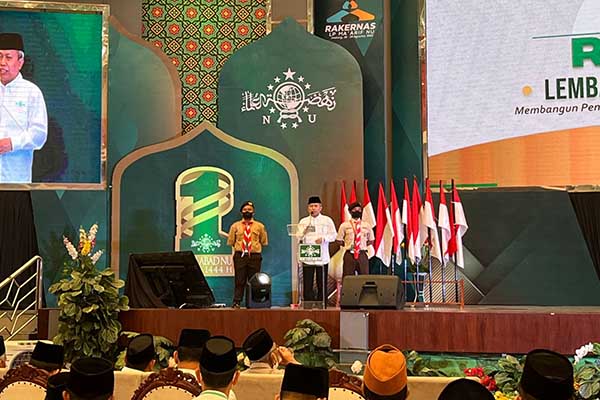 Wakil Ketua Umum PBNU, Prof Nizar Ali, saat memberikan sambutan dalam Rakernas LP Maarif NU. (bim) - Waketum PBNU Berharap LP Maarif NU Miliki Pemikiran Out Of The Box