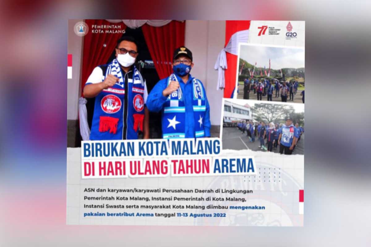 Wali Kota Malang dan Wawali Kota Malang mengenakan atribut Arema. (bim) - Sambut HUT Arema, Wali Kota Minta Atribut Arema Birukan Kota Malang