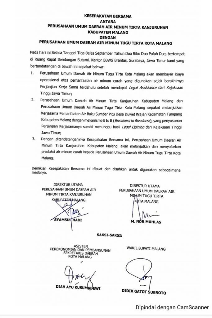 Isi Kesepakatan Bersama antara Perumda Tugu Tirta Kota Malang dan Perumda Tirta Kanjuruhan Kabupaten Malang. (ist) -