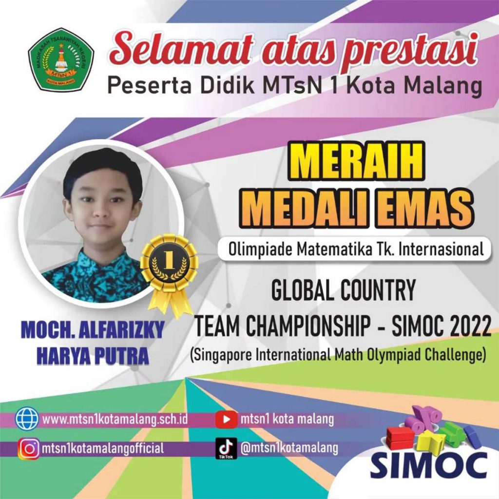 MTsN 1 Kota Malang meraih medali emas Olimpiade Matematika tingkat Internasional SIMOC 2022. (ist) - MTsN 1 Kota Malang Rebut Beragam Prestasi Bergengsi Nasional dan Internasional