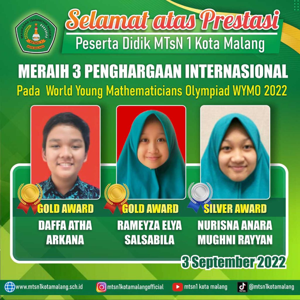 MTsN 1 Kota Malang meraih tiga penghargaan internasional dalam WYMO 2022. (ist) - Awali TA 2022/2023, MTsN 1 Kota Malang Catatkan 204 Prestasi