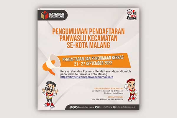 Tangkapan layar, pengumuman pendaftaran Panwascam Kota Malang, oleh Bawaslu Kota Malang. (bim) - Bawaslu Kota Malang Buka Rekrutmen 30 Panwascam, Berikut Jadwal dan Persyaratannya