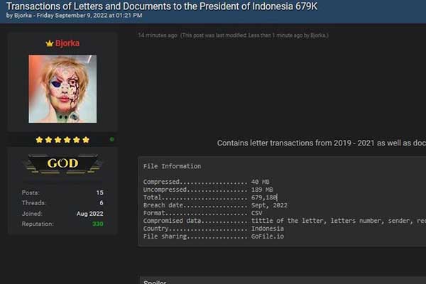 Unggahan hacker Bjorka. (ist) - Hacker Bjorka Ancam Bocorkan Data Presiden, Begini Kata BSSN