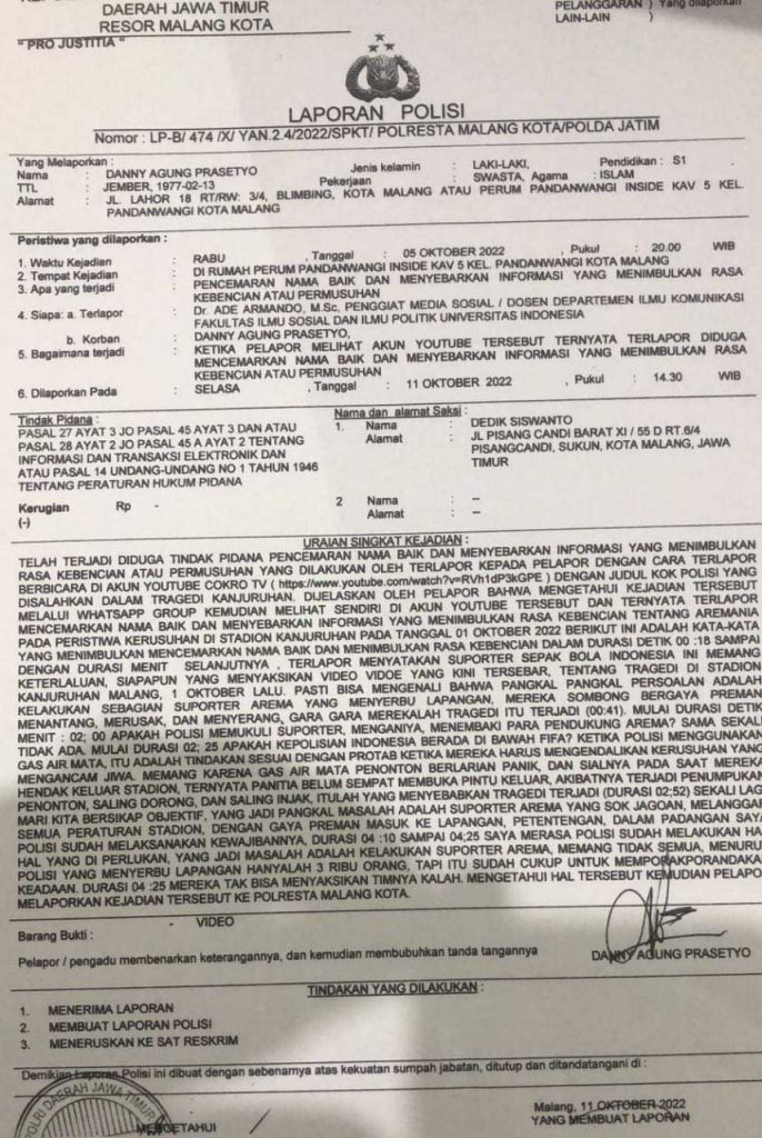 Bukti laporan Aremania dengan terlapor Ade Armando ke Polresta Malang Kota. (ist) - Aremania Laporkan Ade Armando, Buntut Sebut Arogansi Suporter Picu Tragedi Kanjuruhan