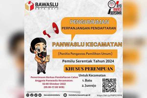 Panwaslu perpanjang Pendaftar Calon Panwaslucam Perempuan. (ist) - Kekurangan Pendaftar Perempuan, Bawaslu Perpanjang Pendaftaran Panwaslucam