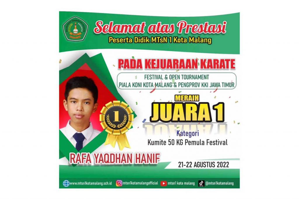 Pengharagaan yang berhasil diraih oleh salah satu siswa MTsN 1 Kota Malang di bidang non-akademik. (ist) - Kiat Sukses MTsN 1 Kota Malang Dulang Berbagai Prestasi Bergengsi