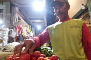 Joko, salah satu pedagang di Pasar Kepanjen tengah menata tomat. (ist)