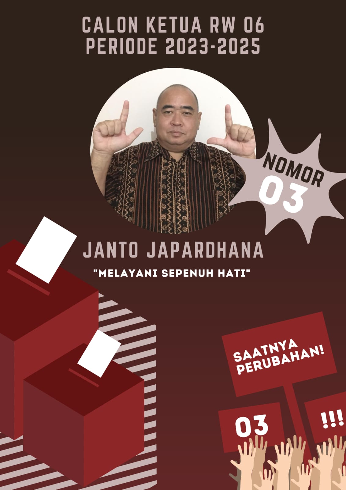 janto japardhana terpilih sebagai ketua rw.06 kelurahan gebang dengan perolehan 186 suara 1