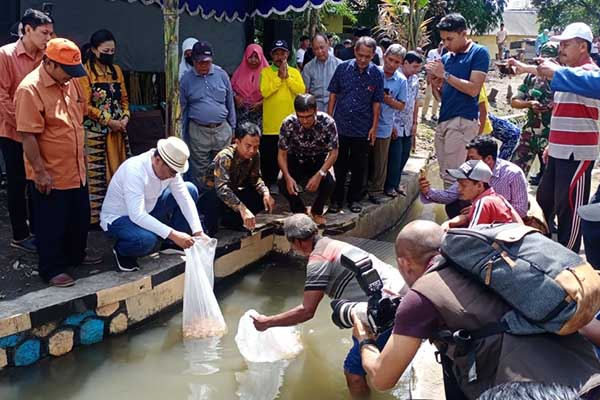 Wawali Kota Malang saat tabur benih ikan nila. (ist) - Babinsa Kebonsari Monitoring Giat Tabur Benih Ikan Nila