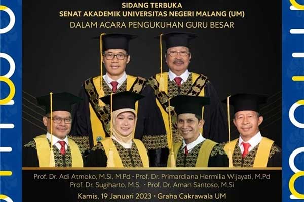 Empat guru besar (bawah) Universitas Negeri Malang yang dikukuhkan bersama oleh Rektor dan Senat. (ist) - UM Tambah Empat Guru Besar