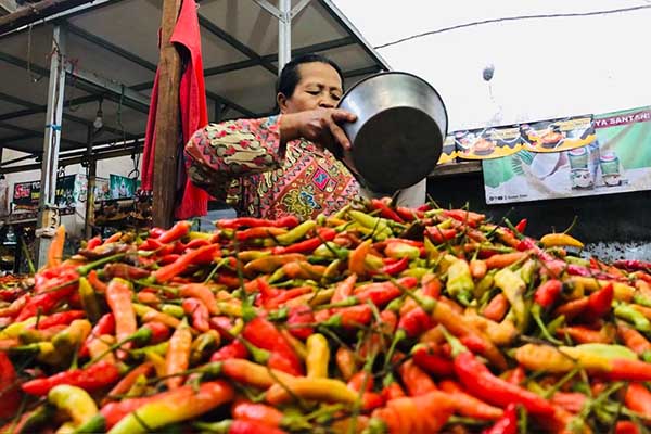 Penjual Cabe tengah menimbang cabai. (wul) - Harga Cabai Sudah Mulai Berangsur-angsur Turun