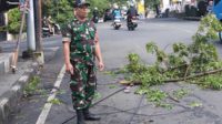 Babinsa Bareng tanggap bencana tiang listrik tumbang. (ist) - Babinsa Bareng Tanggap Bencana Tiang Listrik Tumbang Akibat Hujan Angin