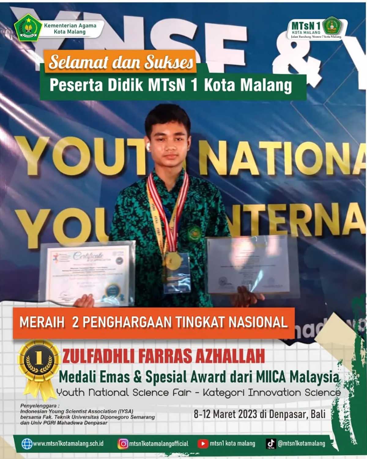 Dua penghargaan tingkat nasional dalam Youth National Science Fair kategori Innovation Science. (ist) - Kado Idulfitri 1444 H, MTsN 1 Kota Malang Persembahkan 1.202 Prestasi