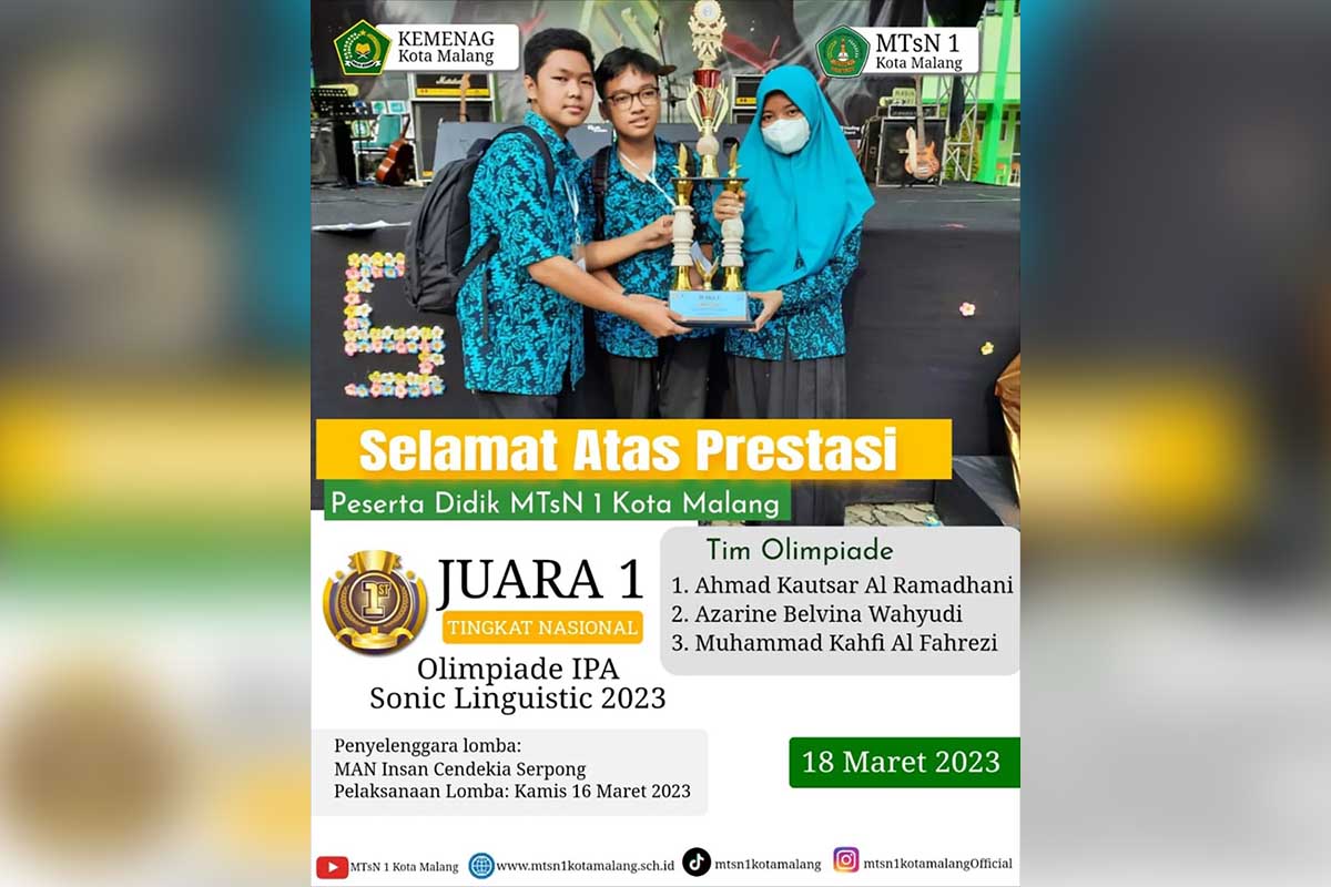 Juara 1 tingkat nasional dalam Olimpiade IPA Sonic Linguistic 2023. (ist) - Kado Idulfitri 1444 H, MTsN 1 Kota Malang Persembahkan 1.202 Prestasi