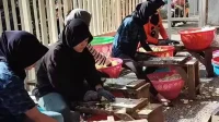 kegiatan ibu ibu tenaga perbantuan produksi keripik aneka buah khas batu. (ist) - Pesanan membludak, Produsen Keripik Buah Tambah Tenaga Kerja Perbantuan