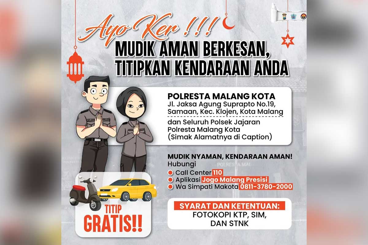 Pengumuman layanan penitipan gratis dari Polresta Malang Kota. (ist) - Polresta Malang Kota Buka Jasa Layanan Penitipan Kendaraan Gratis Saat Ditinggal Mudik