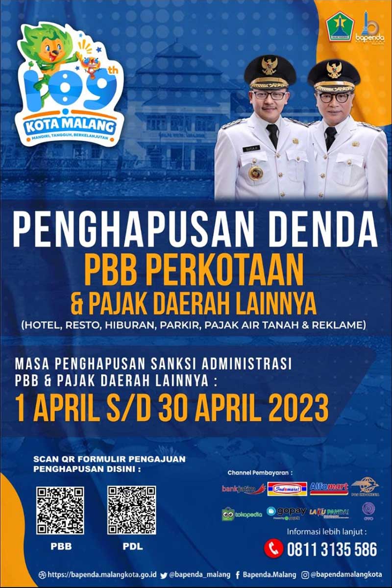 Pengumuman pengumuman penghapusan denda PBB dan pajak daerah lainnya. (ist) - Bapenda Kota Malang Hapus Denda PBB dan Pajak Daerah Lainnya Selama April 2023