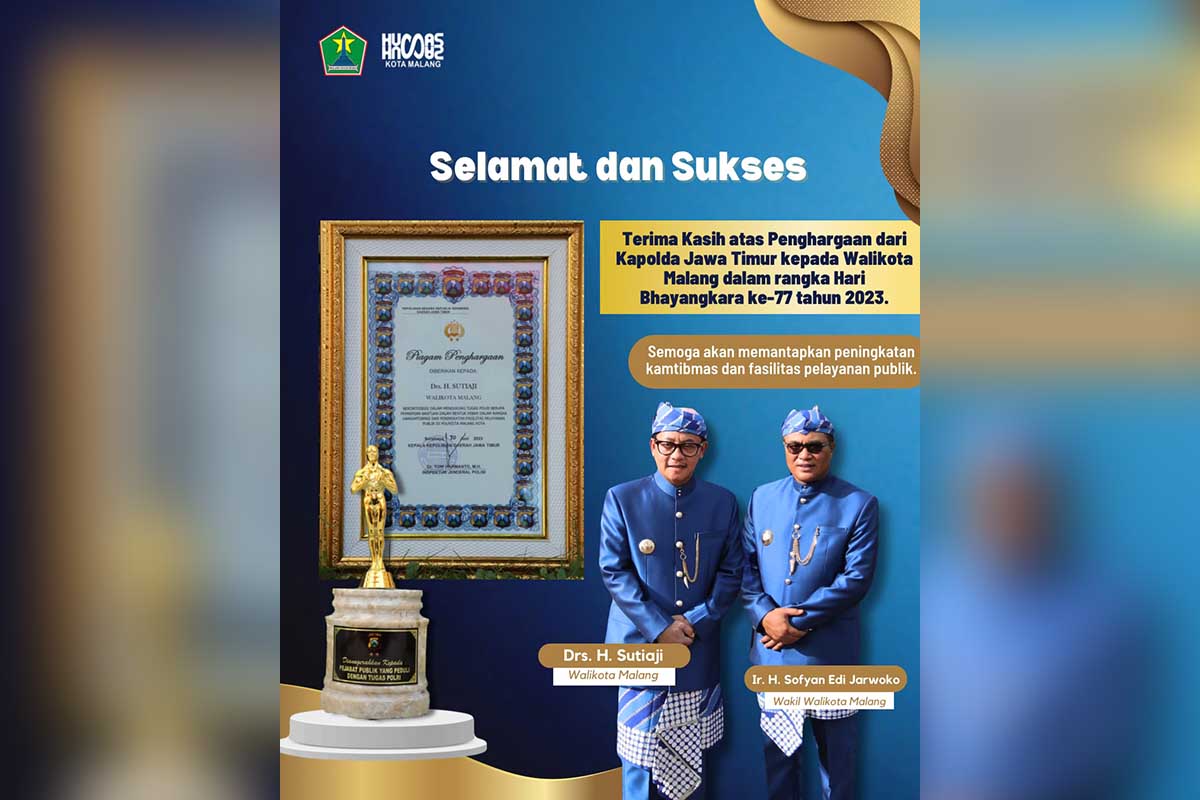 Pemkot Malang raih penghargaan Pejabat Publik Peduli Tugas POLRI dari Kapolda Jatim. (ist) - Pemkot Malang Raih Penghargaan Pejabat Publik Peduli Tugas POLRI dari Kapolda Jatim