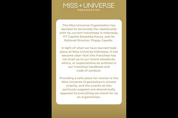Pernyataan Miss Universe Internasional putuskan kontrak dengan PT Capella Swastika Karya. (ist) - Organisasi Miss Universe Putuskan Kontrak Lisensi PT Capella Swastika Karya Imbas Kasus Pelecehan Seksual