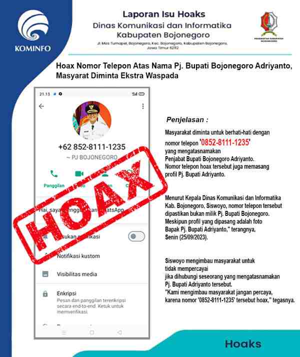 , Hoax Nomor Telepon Mengatasnamakan Pj. Bupati Bojonegoro Adriyanto
