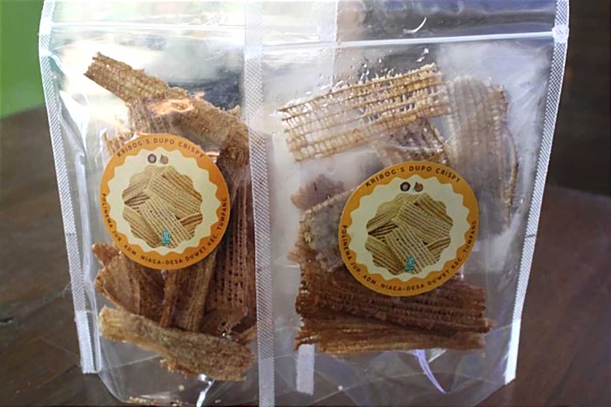 Keripik Gedebog Pisang 'Kribog’s DuPo Crispy' siap dipasarkan. (ist) - PKM Polinema Latih Pembuatan Keripik Gedebog Pisang Warga Desa Duwet Tumpang