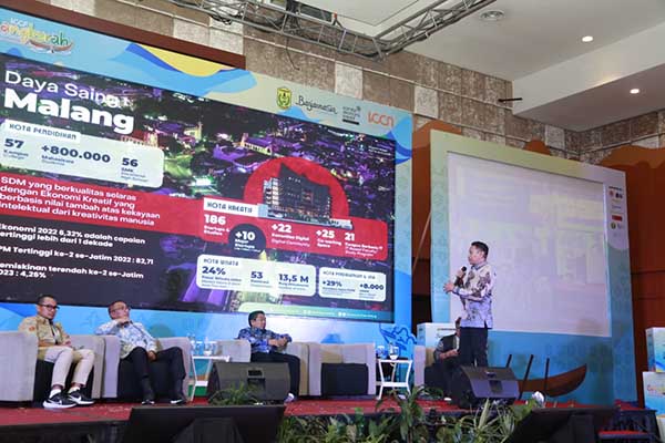 Pj. Wali Kota Malang Dr Ir Wahyu Hidayat, mempresentasikan penguatan ekonomi kreatif Kota Malang. (Seru.co.id/ws8) - Jadi Narsum di Forum ICCN, Pj. Walikota Malang Komitmen Kuatkan Ekraf Kota Malang