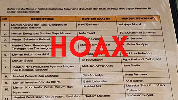 Hoax berita reshuffle kabinet. (ist) - Istana Pastikan Daftar Reshuffle 11 Menteri dan Kepala BIN Hoax!