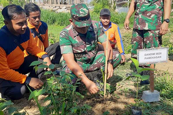 Kodim 0826 Pamekasan bersama pemerintah Daerah saat melakukan penanaman pohon. (Seru.co.id/udi) - Cegah Longsor dan Banjir, Kodim 0826 Tanam Ratusan Pohon di Tanggul Sungai Afour
