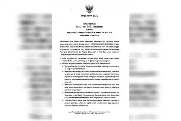 Antisipasi Musim Hujan dan Cuaca Buruk, Pj Walikota Batu Terbitkan SE