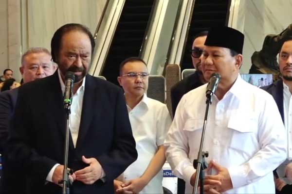 Pertemuan Surya Paloh dan Prabowo Subianto di NasDem Tower. (ist) - Prabowo Ajak NasDem Masuk Kabinet, Surya Paloh Masih Memantau
