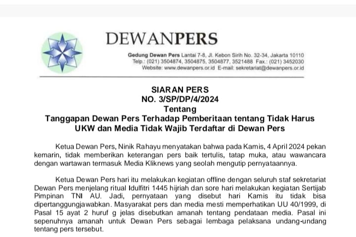Dewan Pers Bantah Wartawan Tak Harus UKW dan Media Tidak Wajib Terdaftar