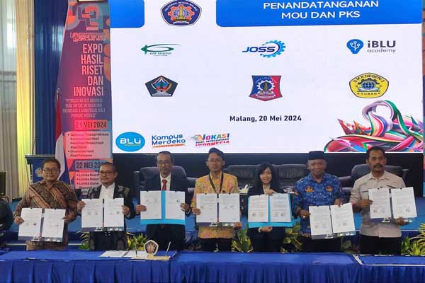 Penandatanganan MoU antara Polinema bersama mitra industri, masyarakat dan perguruan tinggi. (rhd) - Polinema Expo Hasil Riset dan Inovasi, Kuatkan Kolaborasi DUDI Dukung Hilirisasi