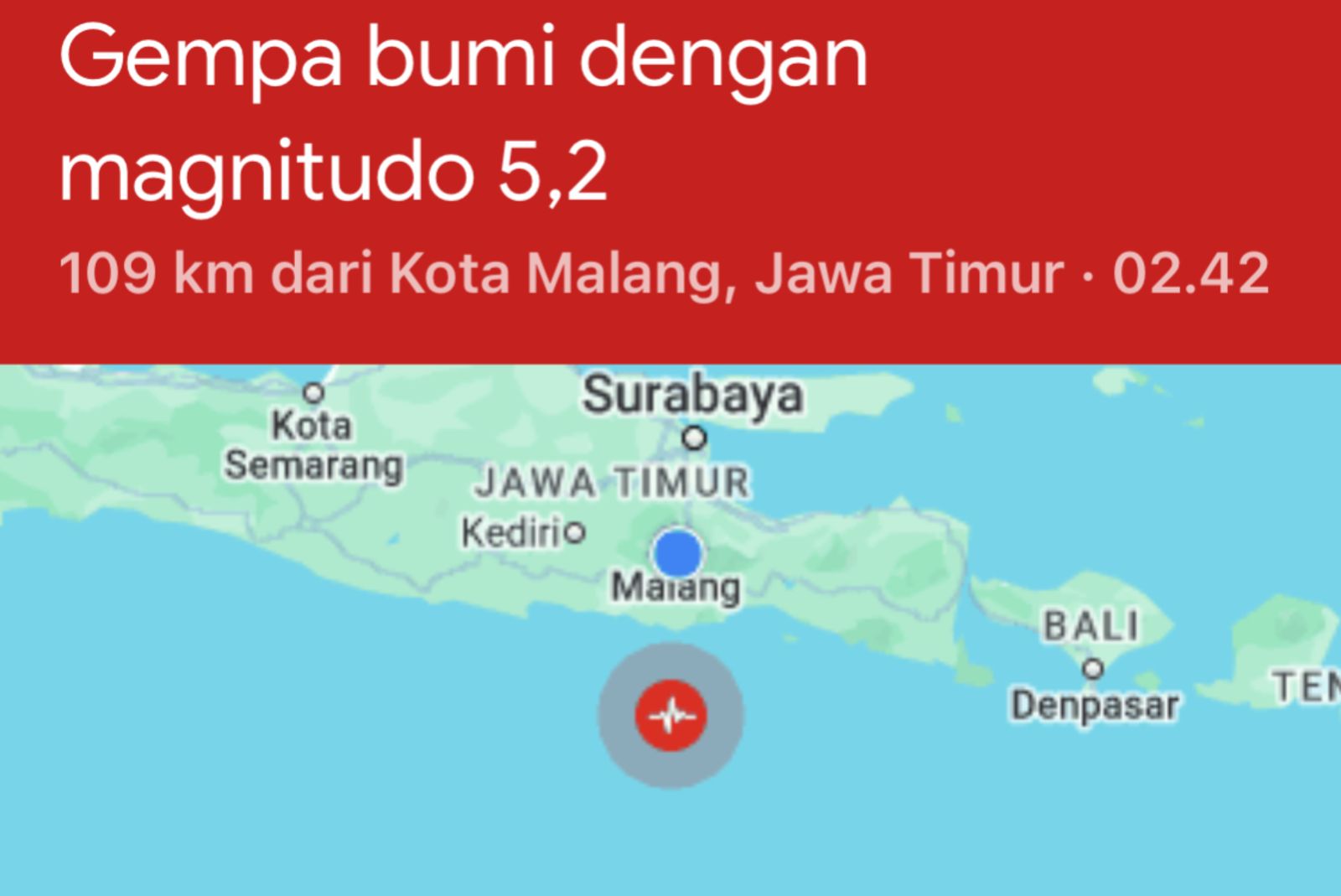 Gempa Bumi 5,3 Magnitudo Guncang Malang Selatan dan Sekitar 