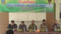 Asisten 1 Setdakab Jombang, Purwanto ketika membuka Sosialisasi di Pendopo Kecamatan Ngusikan kabupaten Jombang, Kamis (27/6/2024). (Seru.co.id/ful) - Dinsos Jombang Persiapan Proses Verifikasi dan Validasi BLT DBHCHT Tahun 2024