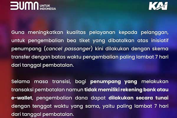 Ketentuan ini berlaku mulai 1 Juni 2024. (ist) - Mulai 1 Juni 2024, Pengembalian Dana Pembatalan Tiket KA Antar Kota Paling Lambat 7 Hari