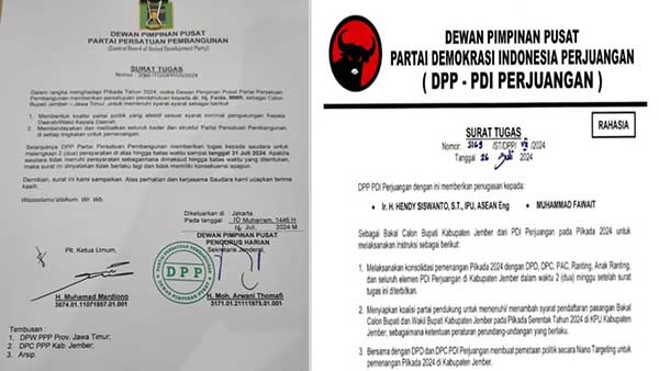 Surat Tugas dari PPP dan PDIP Jember untuk dua Bacabup. (ist) - PPP dan PDIP Jember Berikan Surat Tugas untuk Dua Bacabup