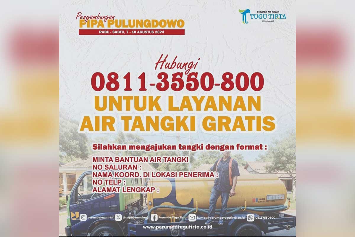 Warga daerah terdampak bisa menghubungi Call Center Tangki Gratis. (ist) - Perumda Tugu Tirta Tapping Pipa Pulungdowo, Daerah Terdampak Bisa Hubungi Tangki Gratis