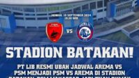 Poster pertandingan Arema FC VS PMS Makasar. (ist) - Perbaikan Kualitas Rumput Belum Usai, Arema FC Harus Jadi Tim Tamu Lawan PSM Makassar