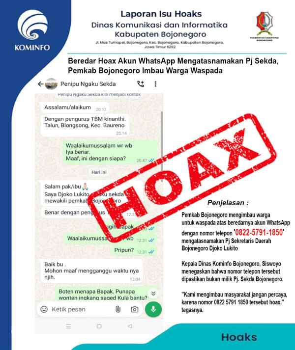 Pemkab Bojonegoro Imbau Warga Waspada atas Beredarnya Akun Hoax Atas Nama Pj Sekda