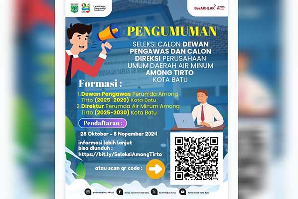 Pengumuman tentang Seleksi Calon Dewan Pengawas dan Direksi Perumda Among Tirto. (ist) - Pemkot Batu Buka Seleksi Calon Dewas dan Direksi Among Tirto