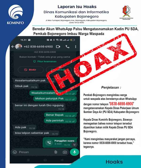 Waspada Akun WhatsApp Palsu Mengatasnamakan Kadin PU SDA Bojonegoro